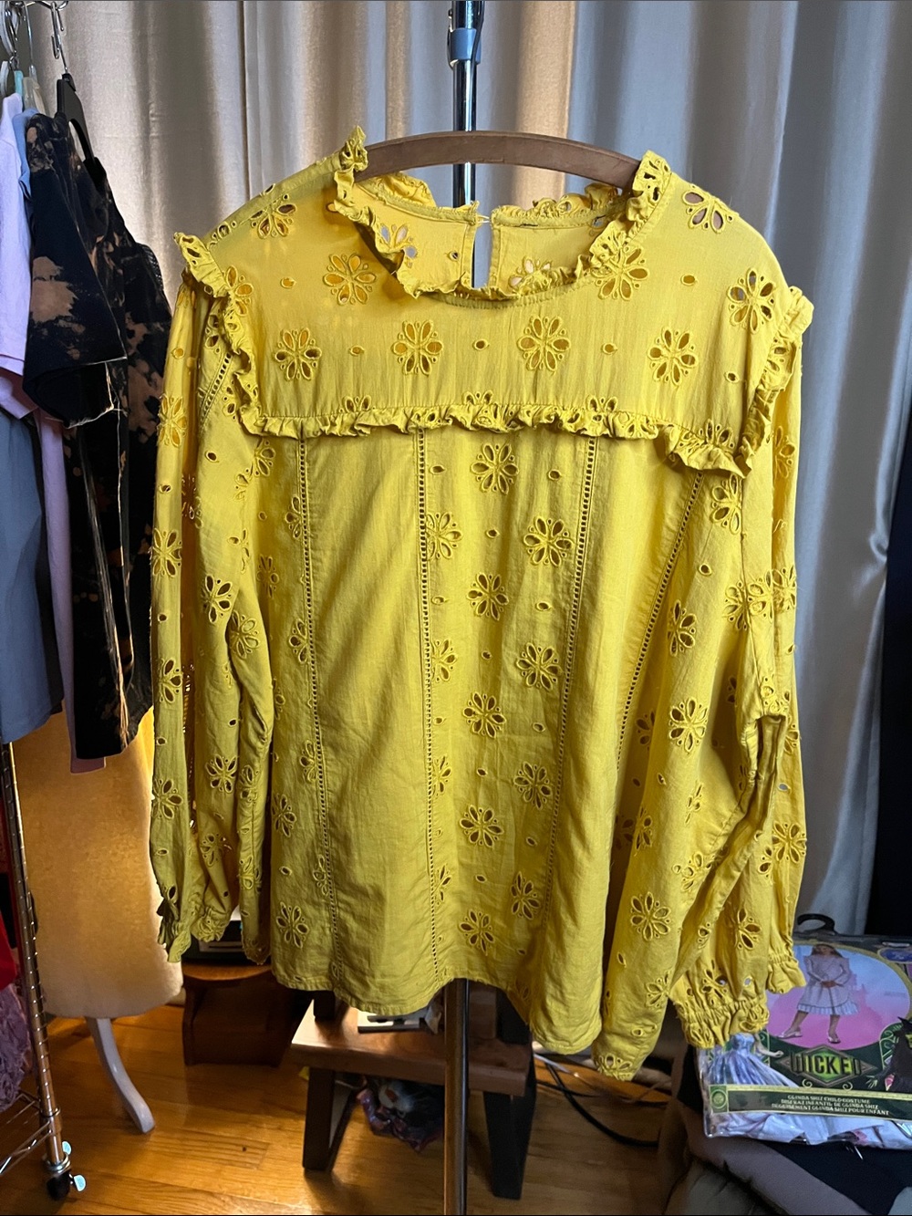 JCrew vintage cotton eyelet blouse mustard yellow top 2 layers button neck